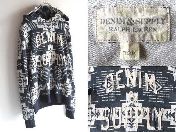 DENIM&SUPPLY RALPH LAUREN デニム&サプライ ラルフローレン フェルトワッペンロゴ ネイティブ柄 スウェットパーカー S ネイビー ホワイト拍卖