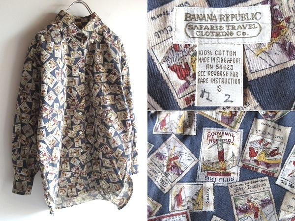 希少 80sビンテージ BANANA REPUBLIC SAFARI&TRAVEL バナナリパブリック バナリパ サファリタグ ウィンタースポーツ柄 総柄 シャツ S拍卖