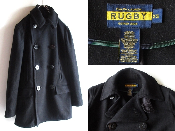 希少 廃盤ライン RALPH LAUREN RUGBY ラルフローレン ラグビー チンスト付 アンカー釦 ウールメルトン Pコート リーファージャケット XS 黒拍卖
