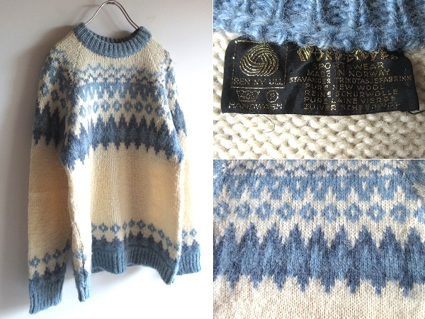 希少 ビンテージ NORLENDER ノーレンダー ウール ノルディック ニット セーター 46 ライトブルー エクリュ ノルウェー製 EURO VINTAGE拍卖