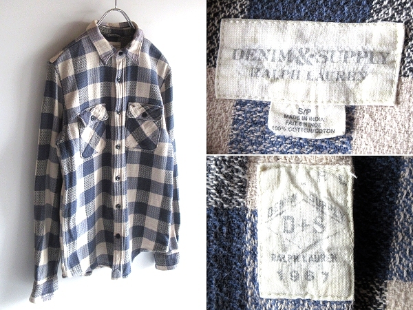 DENIM&SUPPLY RALPH LAUREN デニム&サプライ ラルフローレン コットン 切替 ブロックチェック ワークシャツ S 青 紫 エクリュ USA企画拍卖
