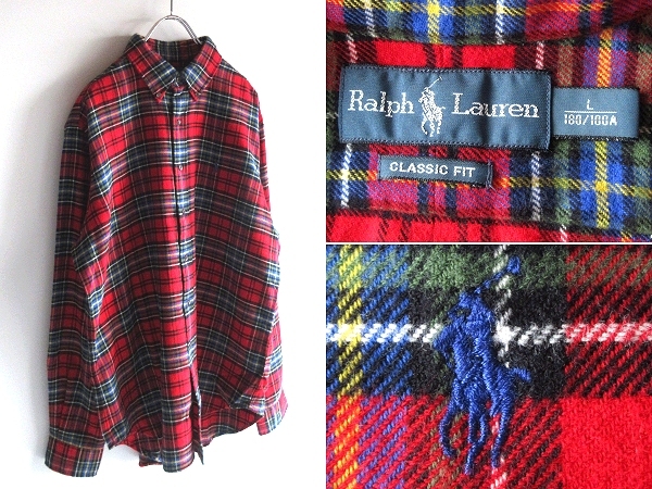Ralph Lauren ラルフローレン CLASSIC FIT ポロポニーロゴ刺繍 タータンチェック ネルシャツ BDシャツ L レッド 国内正規品 大きいサイズ拍卖