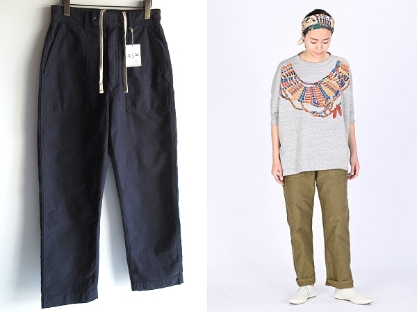 45R 45rpm R刺繍 麦サテンの908ベイカーパンツ コットン イージーパンツ ワークパンツ 2 ネイビー 男女着用可 日本製 Umii908 Badou-R拍卖