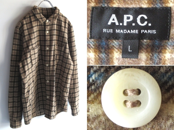 A.P.C. アーペーセー ウール チェックシャツ ネルシャツ L ベージュ ブラウン ブルー 国内正規品拍卖