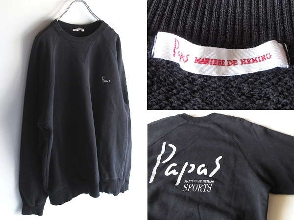 Papas パパス バックロゴプリント ラグラン スウェット トレーナー Lサイズ程度 ブラック 黒 サンフェード ビンテージ オールド拍卖