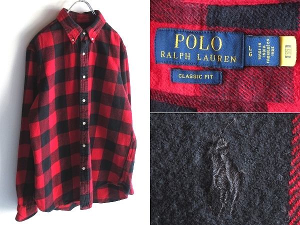 現行/QRコードタグ POLO RALPH LAUREN ラルフローレン ポロポニーロゴ刺繍 バッファローチェックシャツ ネルシャツ L レッド ブラック 赤黒拍卖