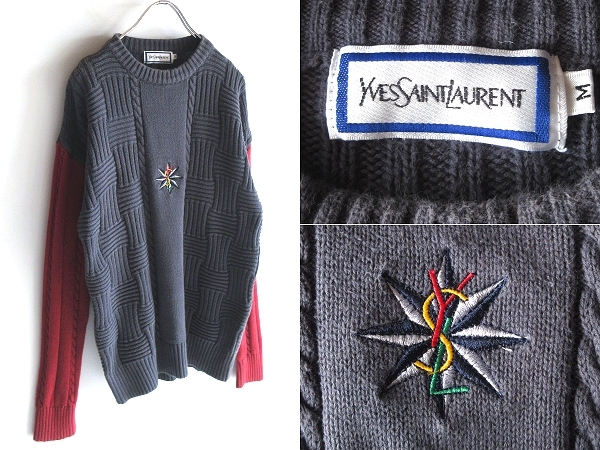 希少 ビンテージ Yves Saint Laurent イヴサンローラン 方位磁針/YSLロゴ刺繍 バイカラー コットンニット ケーブルニット M グレー レッド拍卖