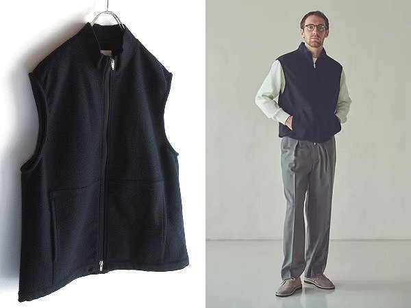 LOOK使用 STILL BY HAND スティルバイハンド 2021AW ダブルジップ ハイネック ウールパイルベスト 48 紺 ネイビー拍卖