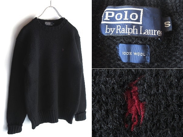 希少 90sビンテージ Polo by Ralph Lauren ラルフローレン ポロポニーロゴ刺繍 長リブ ウール ローゲージ ニット セーター S 黒 ブラック拍卖