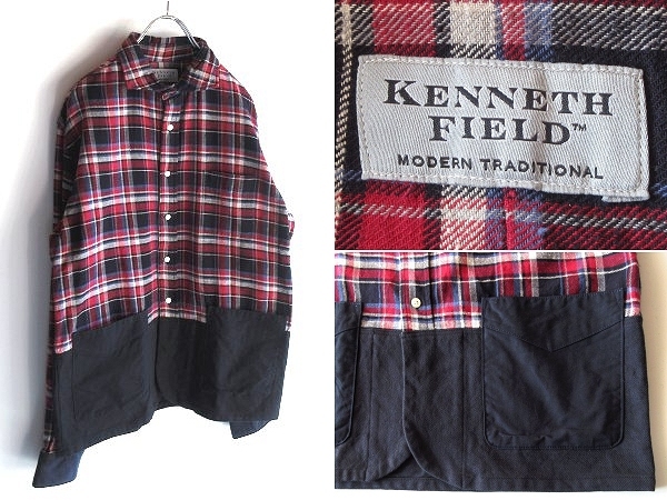 KENNETH FIELD ケネスフィールド 裾切替 ドッキング カッタウェイ チェックシャツ ネルシャツ ジャケット L 元ビームスプラス/BEAMS PLUS拍卖