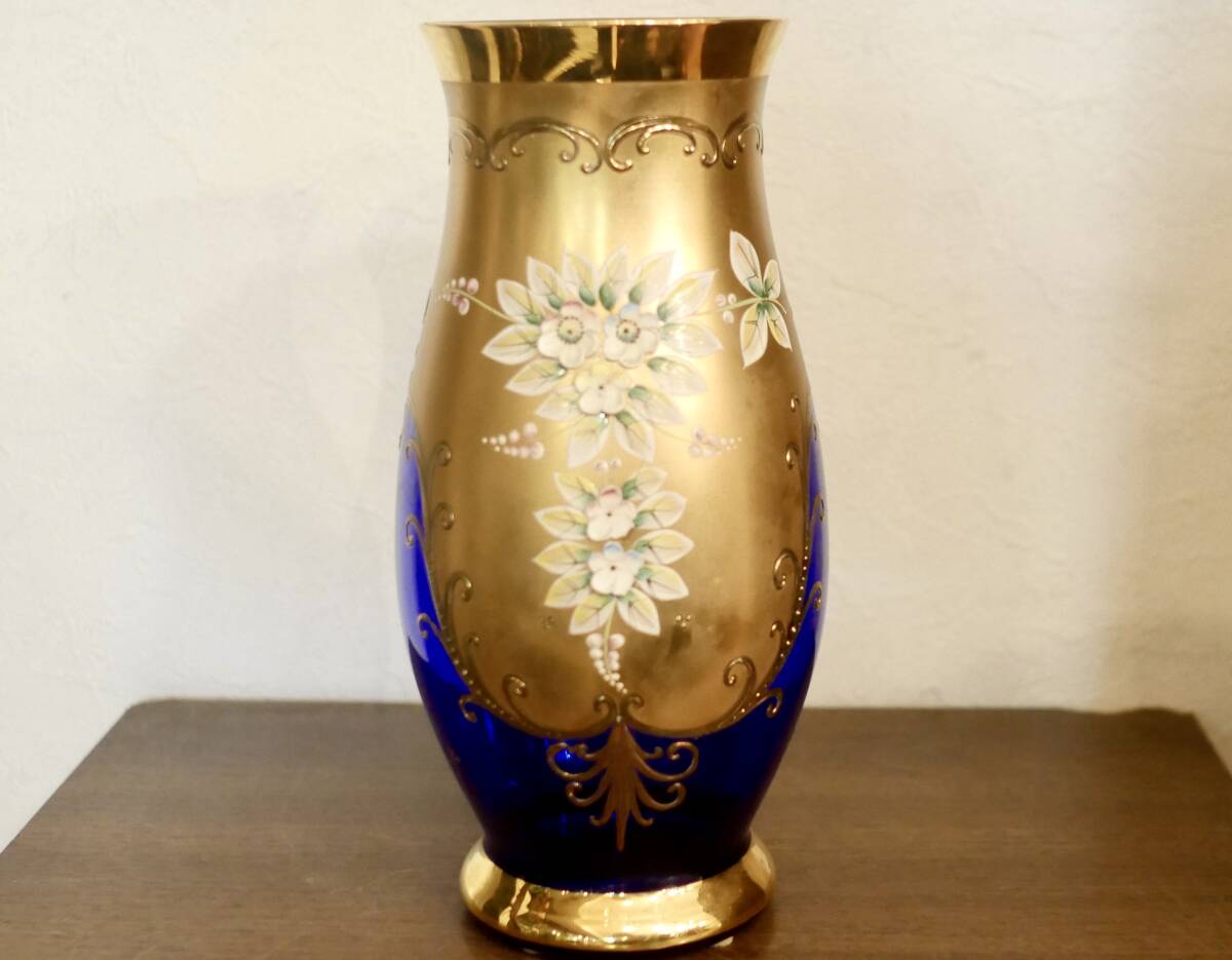 ★ベネチアングラス 金彩 ハイエナメル 花文 フラワーベース USED品拍卖