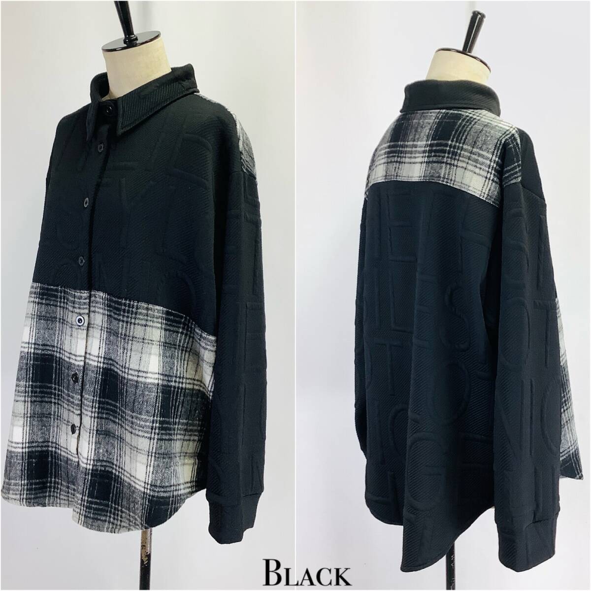 ★新品 英字 デコボコ 凸凹 起毛素材切替え 羽織 ブラウス ジャケットM~L(BK)拍卖