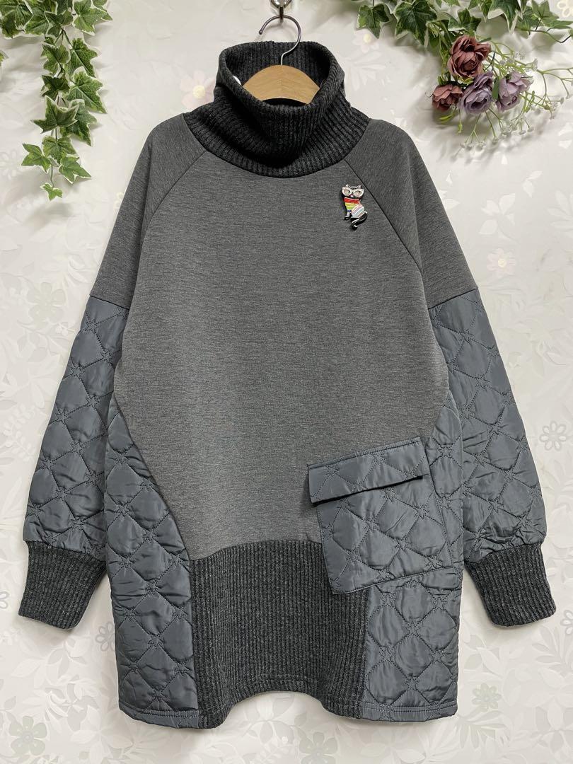 ★新品 ほっこり素材とキルティング切替 ゆったりチュニック M~L(GY)拍卖