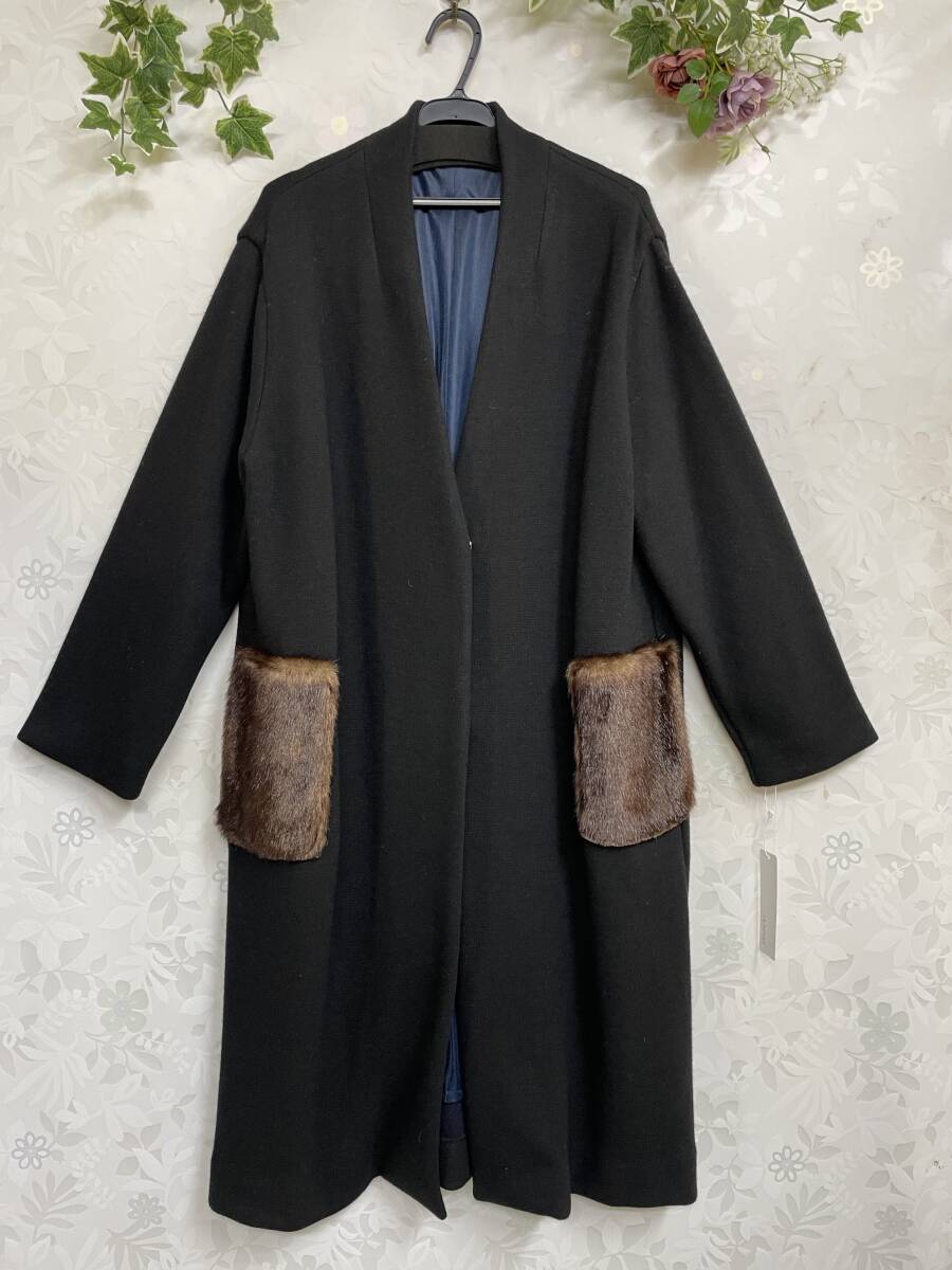★新品 wool ウール 上質♪ ファーポケット付きコート38(BK)拍卖