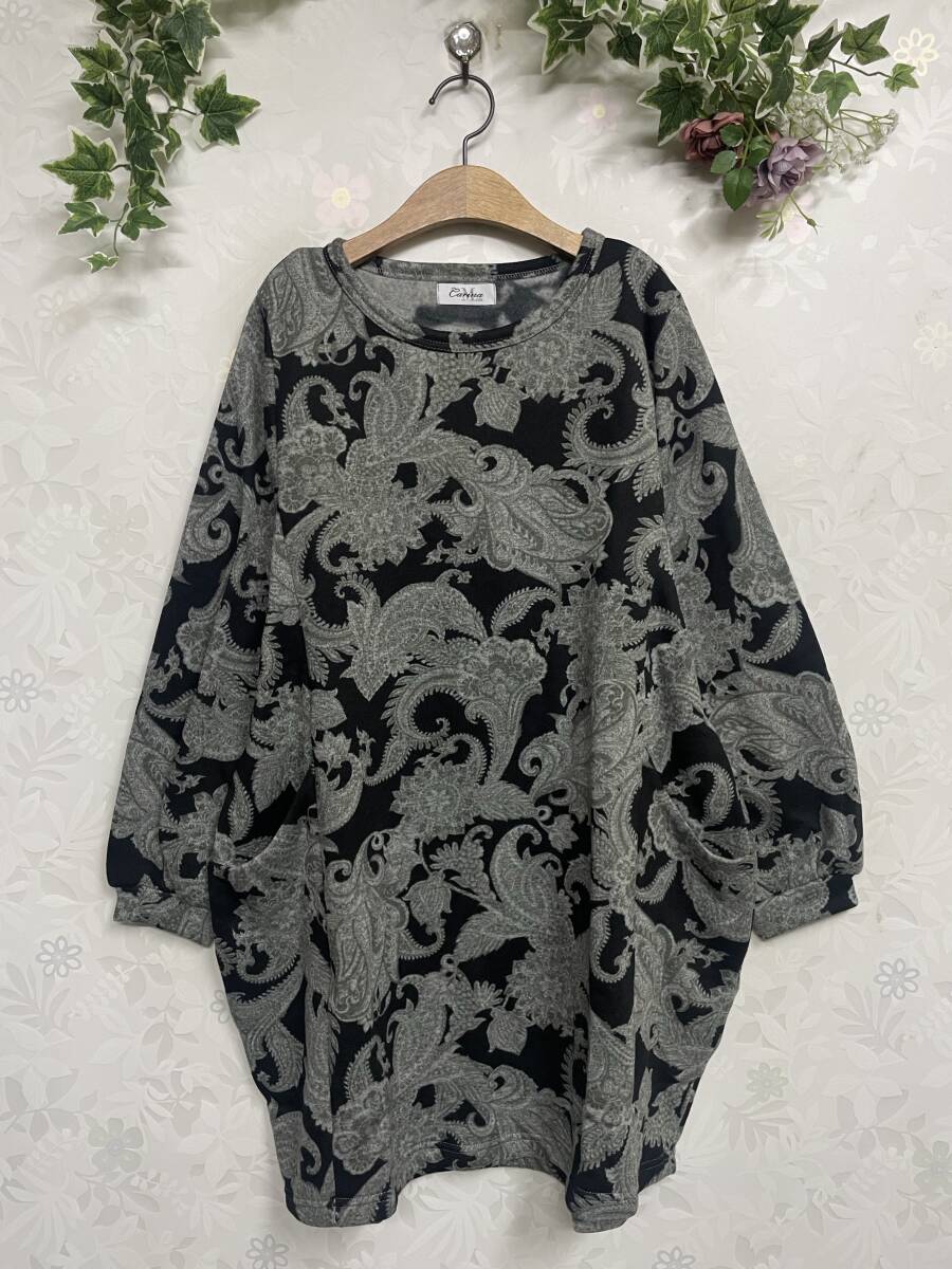 ★新品 裏起毛♪ 暖か♪ ペイズリー柄 ふんわり可愛いバルーンチュニックM~L(BK×KH)拍卖