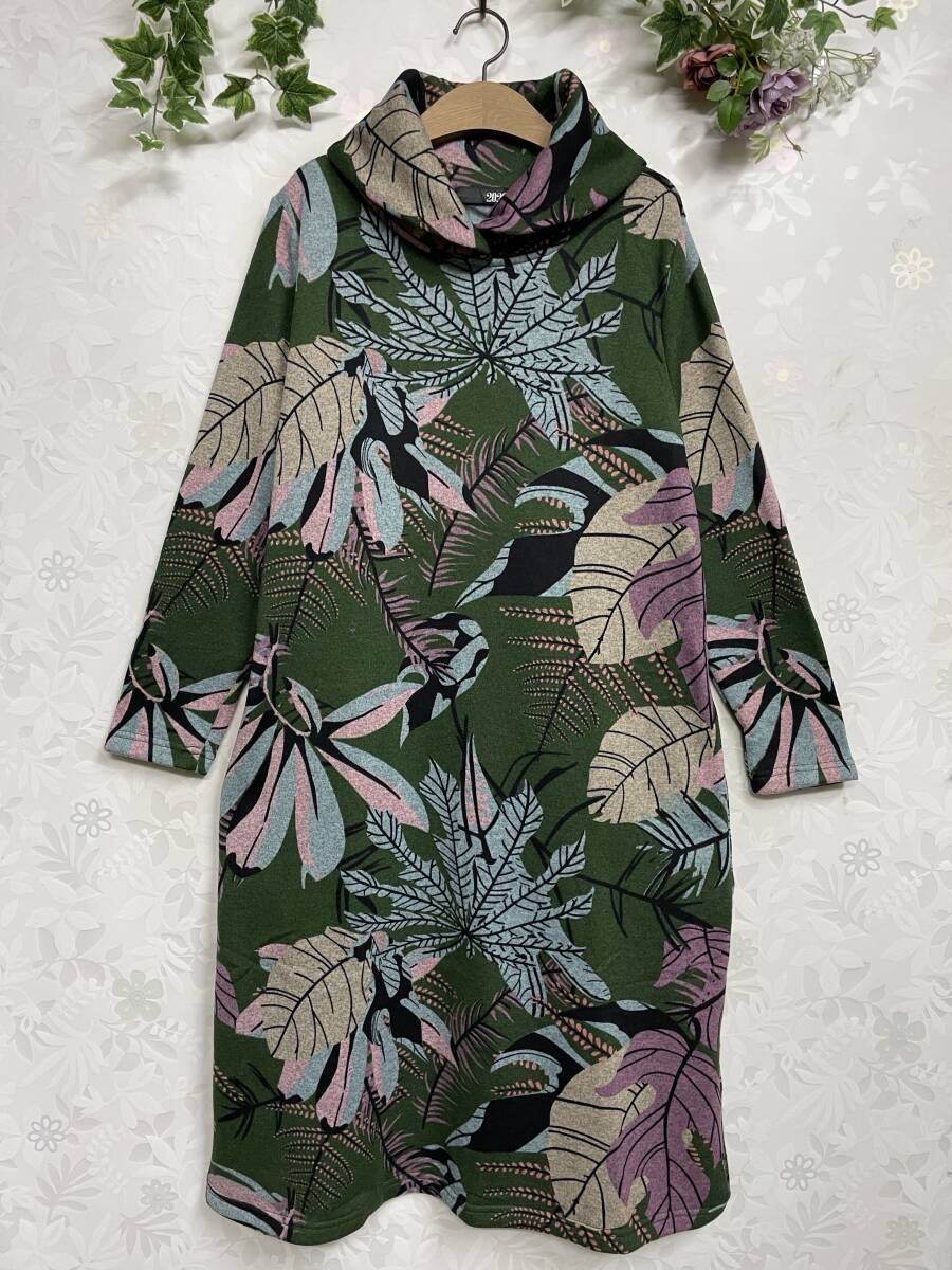 ★新品 リーフ柄 裏起毛 ヘチマカラーワンピース M~K(GR)拍卖