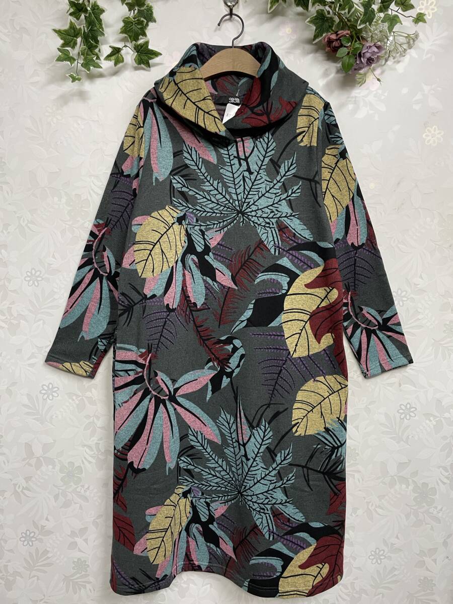 ★新品 リーフ柄 裏起毛 ヘチマカラーワンピース M~K(GY)拍卖