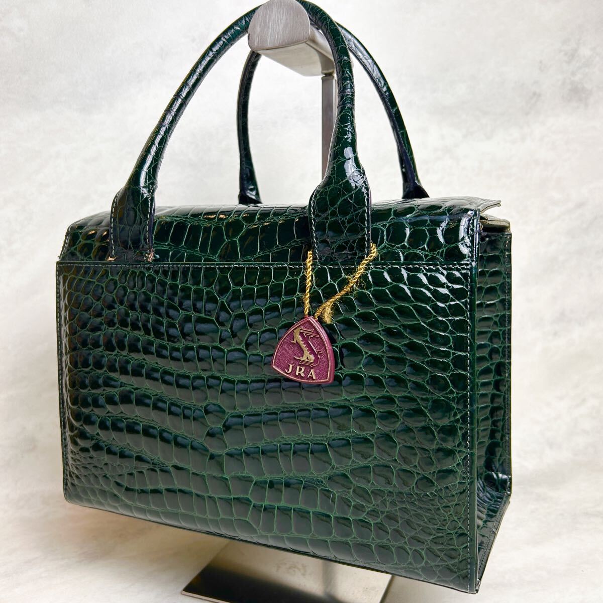 【美品】JRA認定! シャイニングクロコ クロコダイル エキゾチックレザー 鰐革 バニティバッグ ハンドバッグ グリーン 緑 希少拍卖
