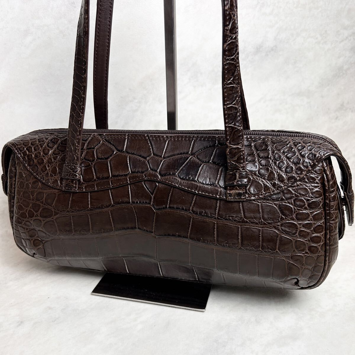 【希少】マットクロコ クロコダイル エキゾチックレザー 鰐革 ミニ ハンドバッグ ボストンバッグ ブラウン 拍卖
