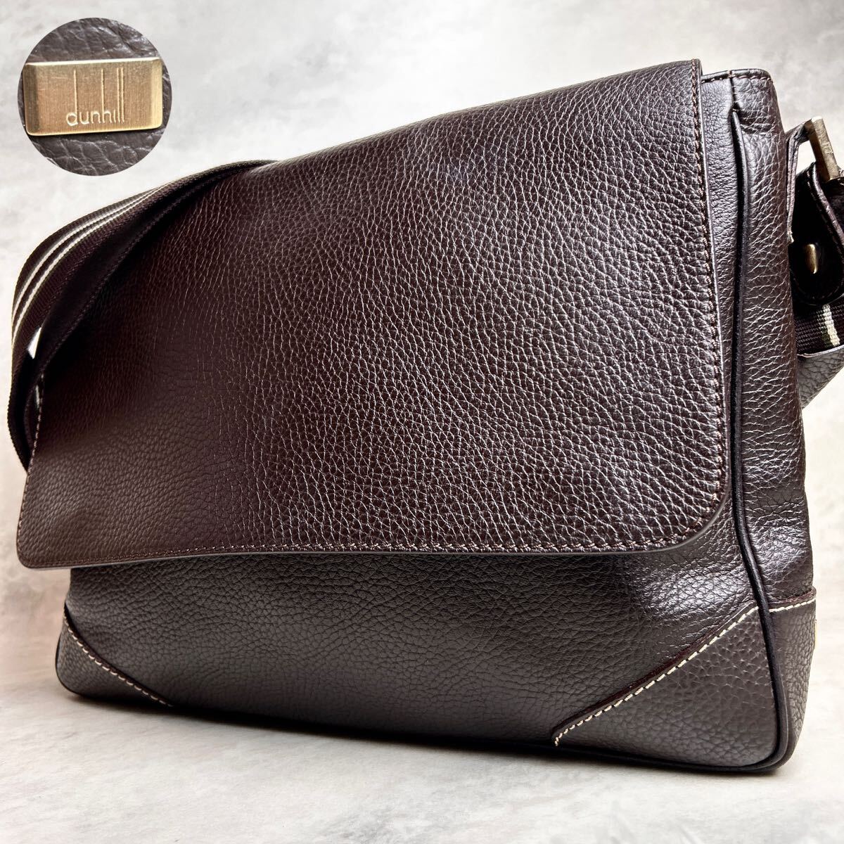 【美品】dunhill ダンヒル シボ革 本革 レザー メンズ メッセンジャーバッグ ショルダーバッグ ビジネスバッグ ブラウン A4収納可拍卖