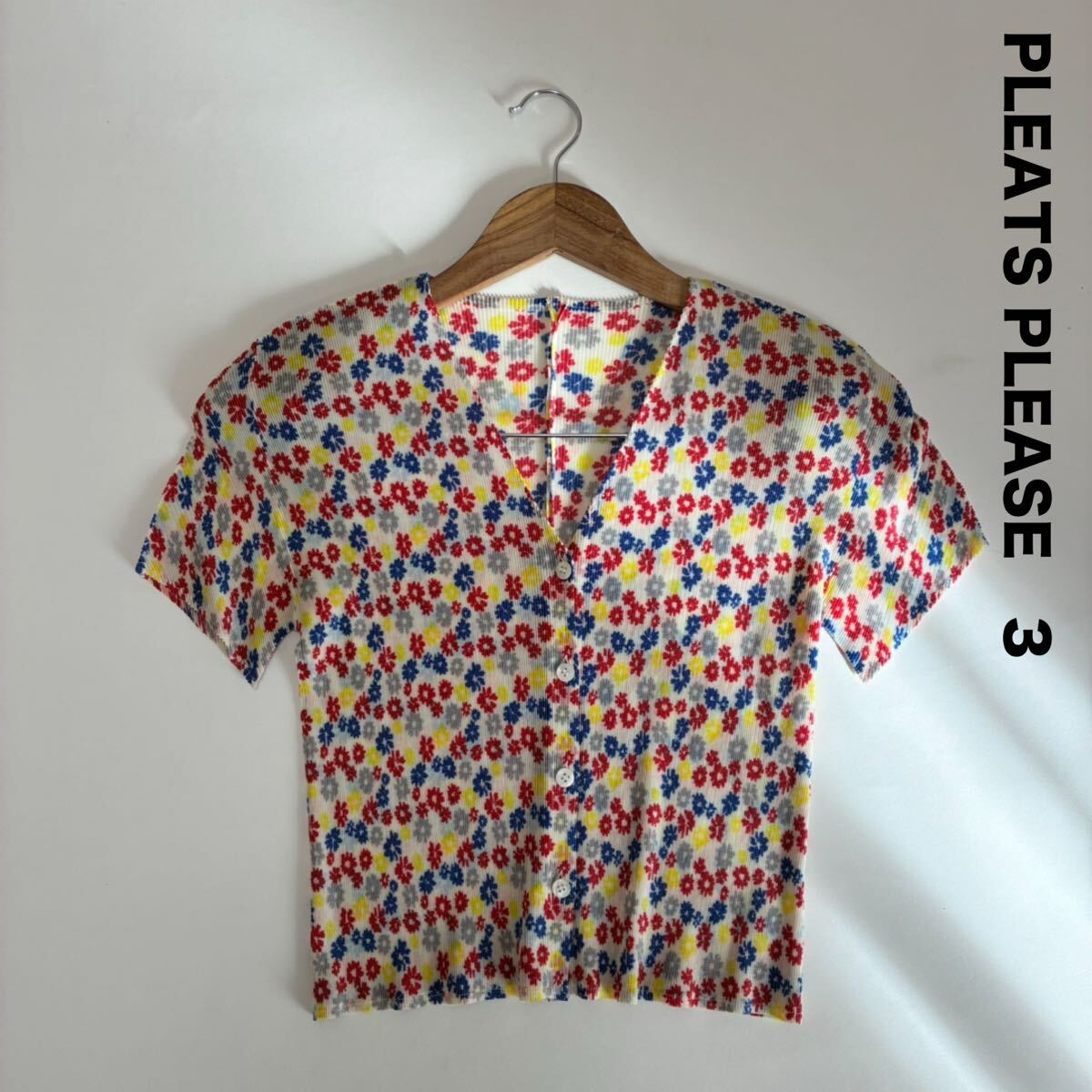 PLEATS PLEASE プリーツプリーズ☆小花柄半袖フロントボタンブラウス 3 イッセイミヤケ 総柄拍卖