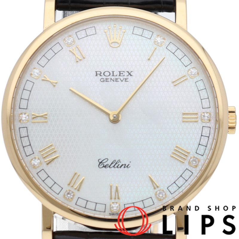 ロレックス チェリーニ メンズ時計 11Pダイヤ シェル OH済 5112(N) K18YG/革 メンズ時計 ホワイトシェル O拍卖