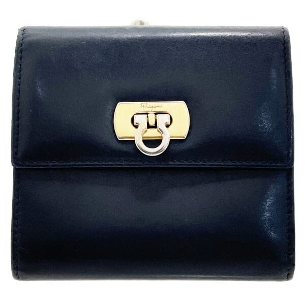 11485 サルヴァトーレ フェラガモ 財布 ガンチーニ がま口財布 レザー 革 ブラック 黒 22 0048拍卖