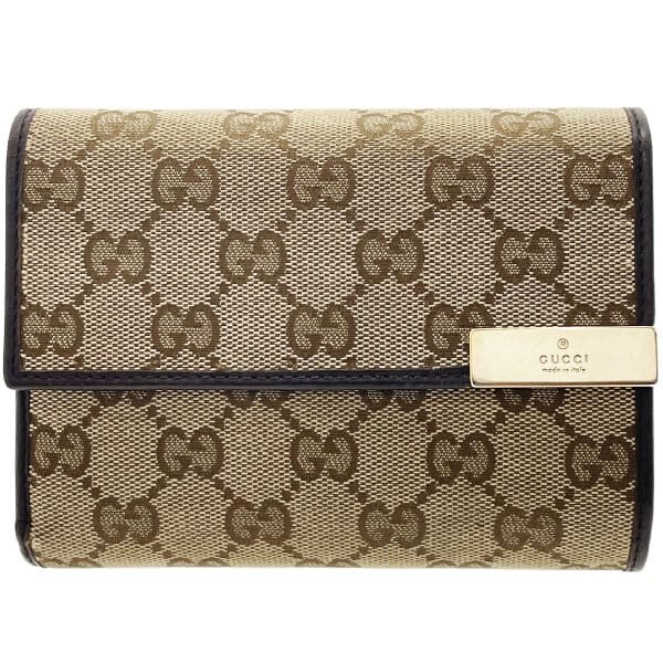 15910 グッチ 財布 ロゴプレート 三つ折り財布 GGキャンバス レザー 革 ベージュ ダークブラウン 濃茶 こげ茶拍卖