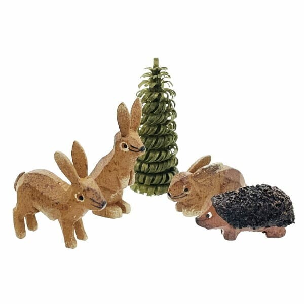 15922 クリスチャン ヴェルナー ミニチュア わっぱ入り 森のうさぎ 三匹 ハリネズミ 5点セット 木製拍卖