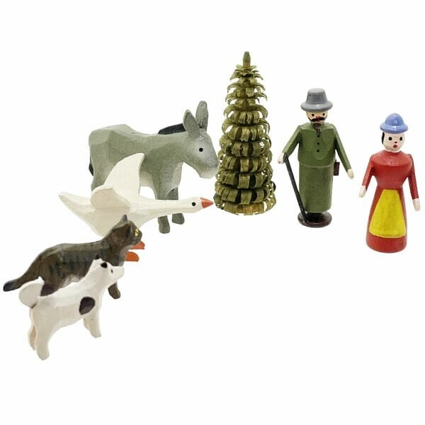 15924 クリスチャン ヴェルナー ミニチュア わっぱ入り 村の動物 ガチョウ ロバ 犬ぶち ねこ 男の人 ノア 女の人拍卖