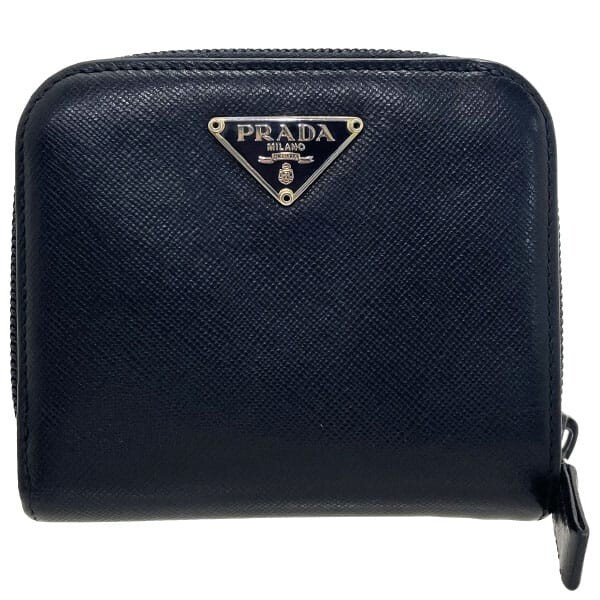 15962 プラダ 財布 トライアングル 二つ折り財布 サフィアーノ レザー 革 ブラック 黒 PRADA 三角ロゴプレート拍卖