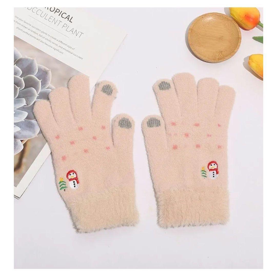 可愛くて暖かい!雪だるま刺繍のふわふわ手袋(タッチパネル対応)拍卖