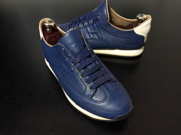 使用少 エルメス 41 HERMES ネイビー レザースニーカー 1000拍卖