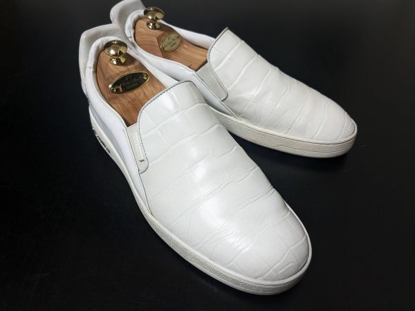 ヴィトン 7 LOUIS VUITTON ♯MS1105 オフホワイト クロコデザイン スリッポン レザースニーカー 1138拍卖