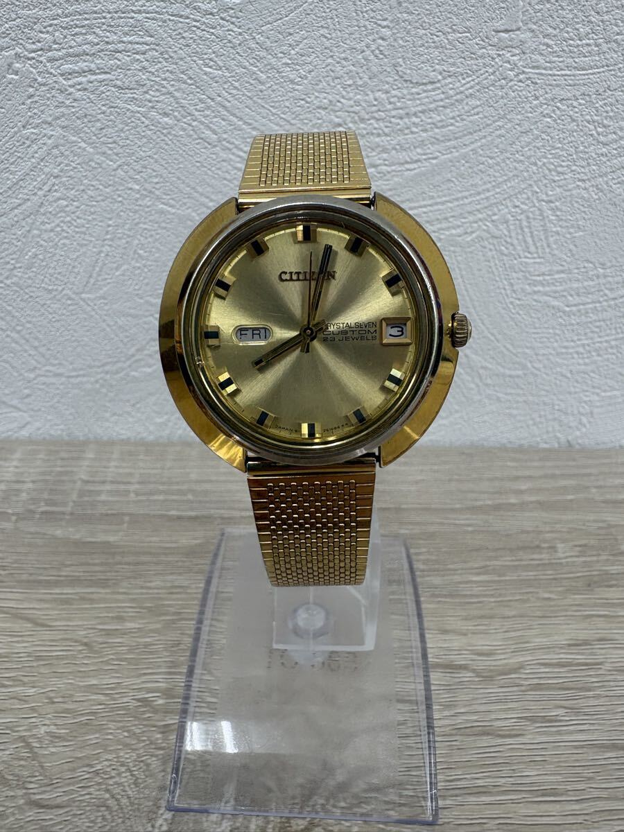 ¥1000スタート 希少 シチズン クリスタルセブン カスタム 23石 4-521498 Y ゴールド文字盤 デイデイト メンズ腕時計 デッドストック拍卖