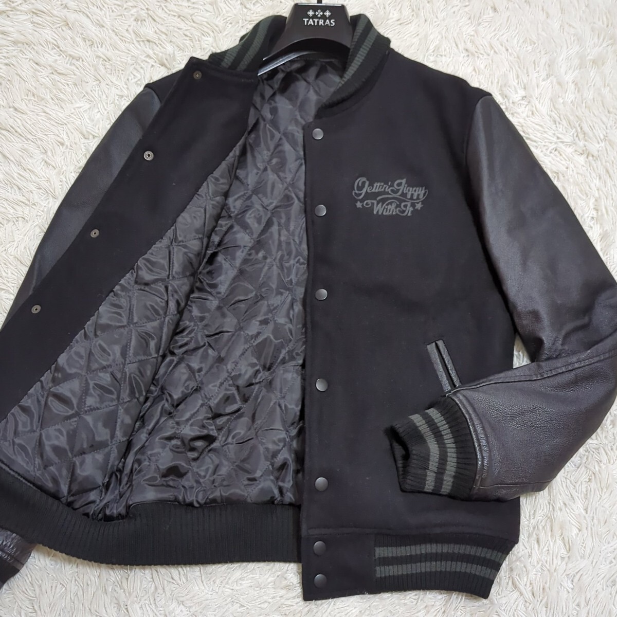 美品 希少XL レザー切替 タケオキクチ TAKEO KIKUCHI メルトンウール 袖本革 スタジャン ジャケット ブルゾン 刺繍 メンズ 黒 ブラック拍卖