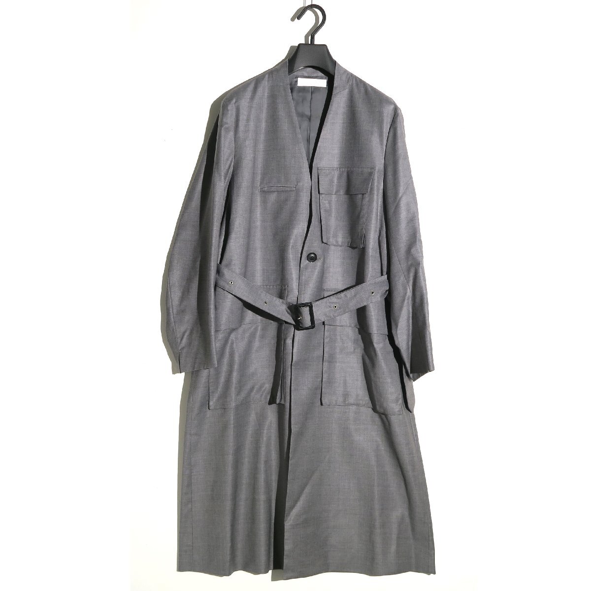 ETHOSENS NO COLLAR POCKET COAT 定価93,500円 size2 E120-502 エトセンス ノーカラーコート グレー拍卖