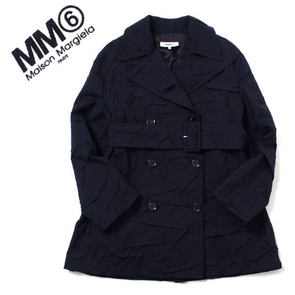 【タグ付き・定価188,100円】MM6 クラッシュド ピンストライプ トレンチコート size42 メゾンマルジェラ ランダムプリーツストライプ拍卖