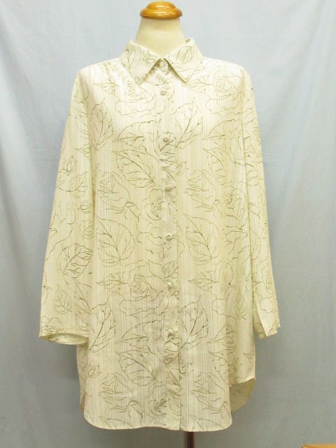詩仙堂 BY HITOSHI 新品同様 高級ゴールドタグ 花とリーフ柄 絽ちりめん ロング丈 長袖ブラウス オフホワイト★ネコポス可★p342拍卖