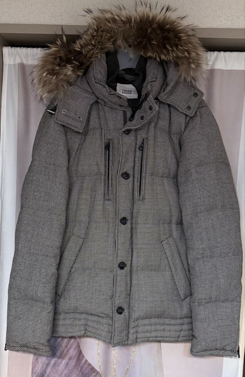 タケオキクチ 千鳥格子 ダウンジャケット ラクーンファー付き グレー拍卖