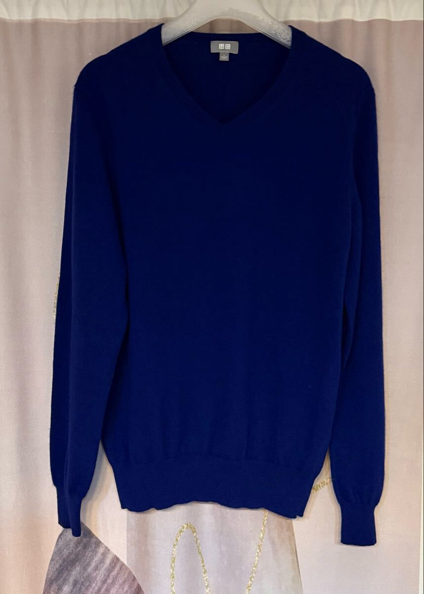 ユニクロ カシミヤ100% Vネックニット ブルー拍卖