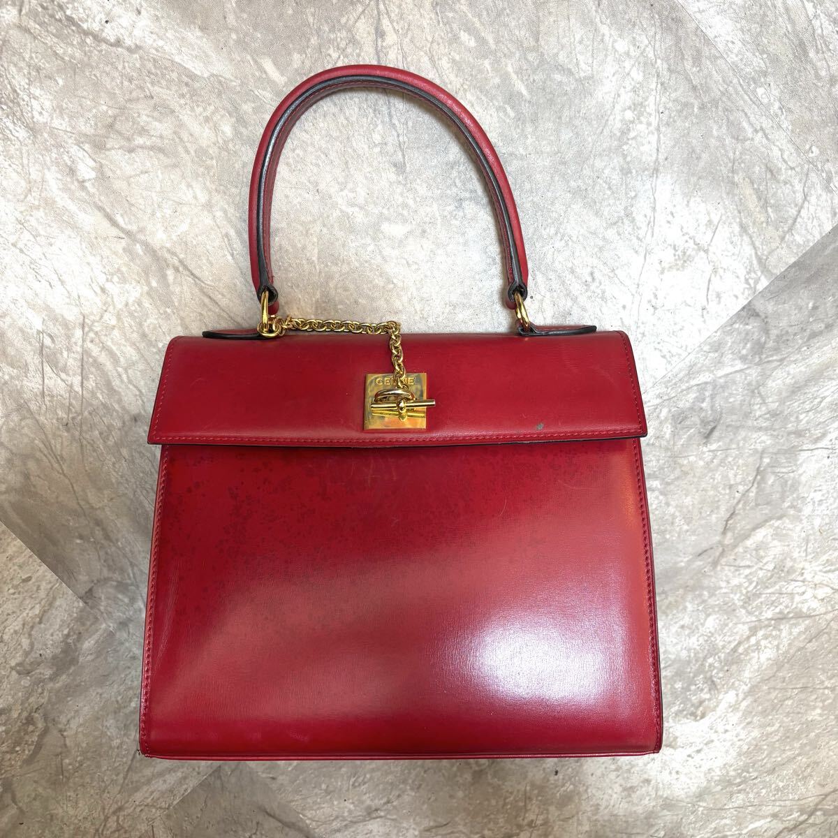 s 1円スタート CELINE セリーヌ ケリー型 レザー 2wayバッグ ゴールド金具 ハンドバッグ ヴィンテージ ボルドー レザー拍卖