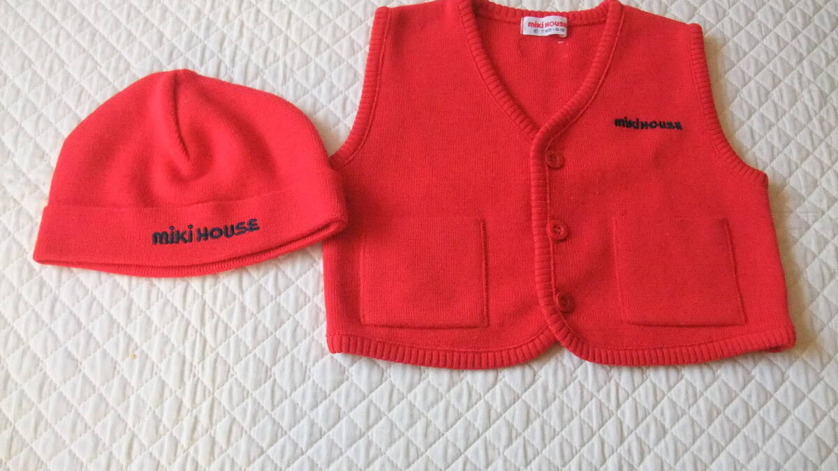 ミキハウス ニット帽子、ベスト 2まいあわせて 85 美品拍卖
