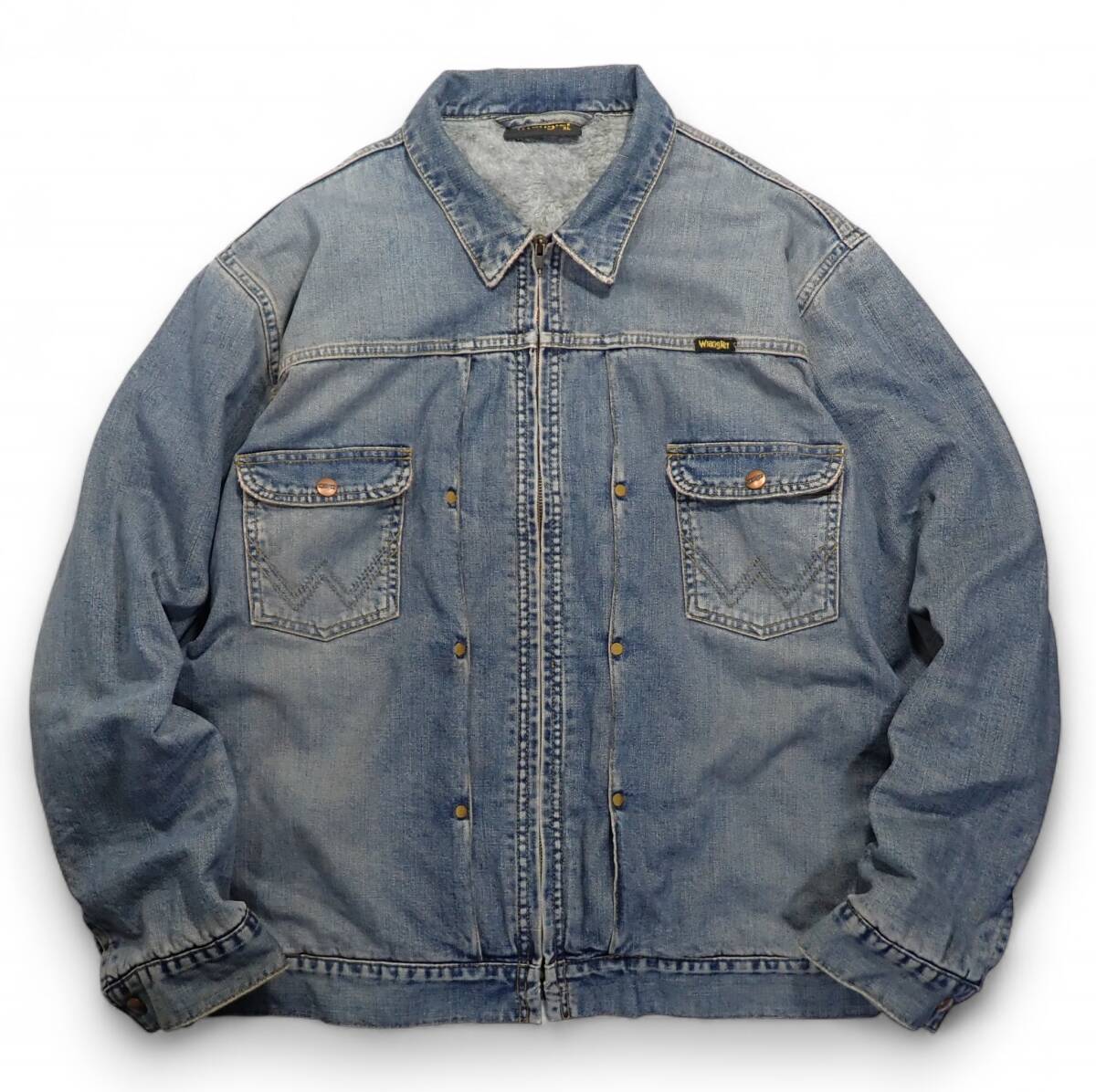 希少Wrangler デニムジャケット 24MJZ復刻 XL●裏ボア ピンタック フルジップ ビンテージ加工Gジャンジージャンラングラー●洗濯済古着7165拍卖