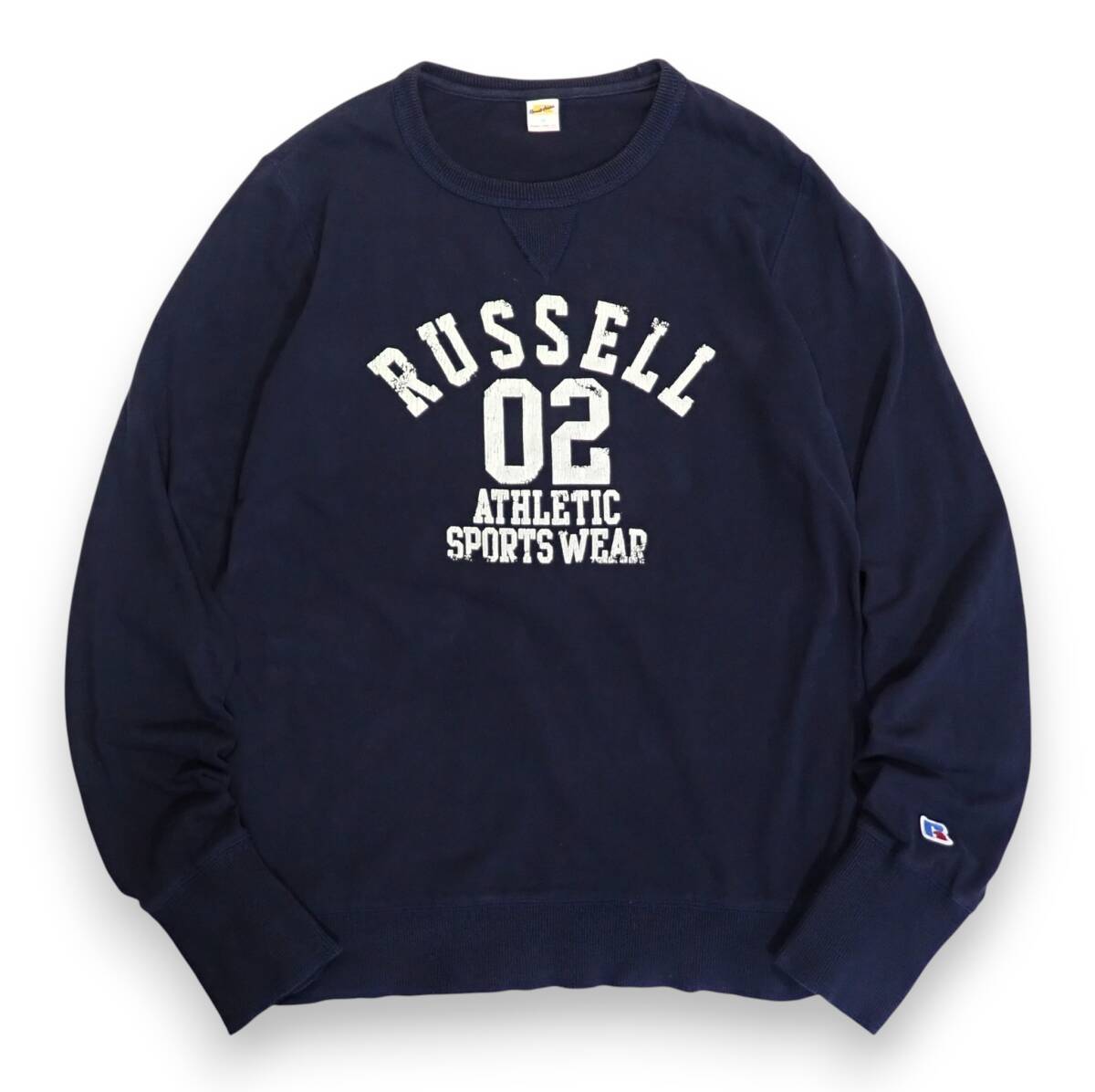 良好RUSSELL ロンT XL●首周り 袖口 裾は厚手リブ編み素材クラック加工プリントATHLETIC SPORTS WEARロングスリーブ●洗濯プレス済古着7183拍卖