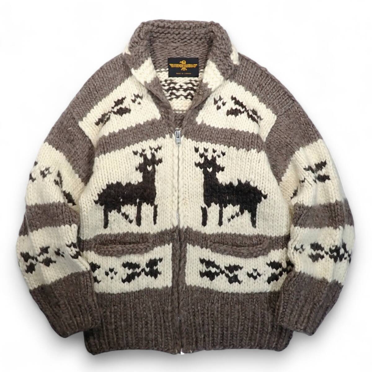 THUNDERBIRD カウチンニット CANADA製●ローゲージ ノルディック柄 厚手 ヘビー VIRGIN WOOL100% セーター●洗濯プレス済●古着7168拍卖