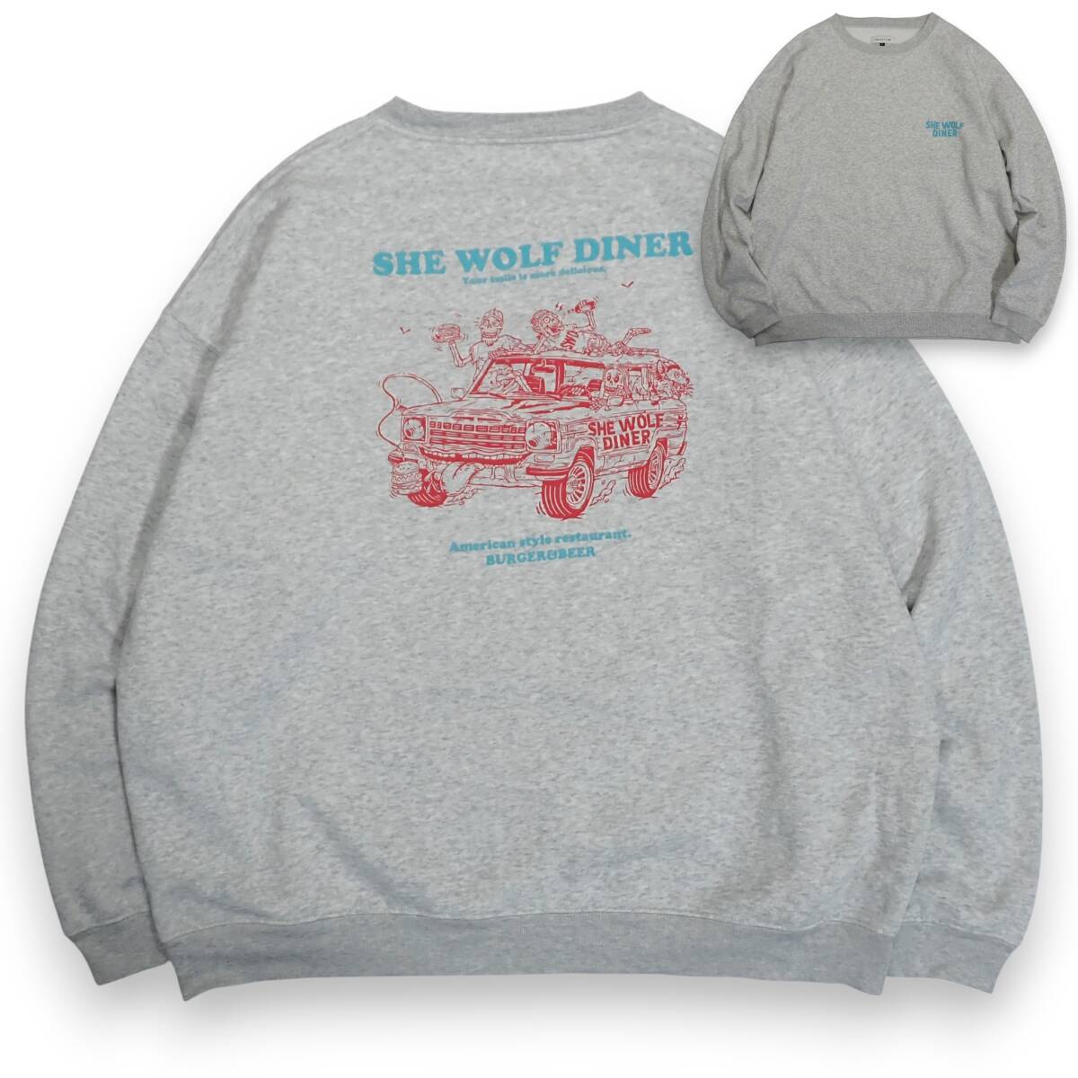 FREAK'S STORE × SHE WOLF DINERコラボ スウェット トレーナーL●ビックシルエット オーバーサイズBURGER&BEER ●洗濯プレス済●古着7189拍卖