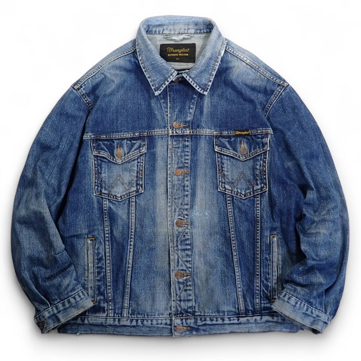 7109/Wrangler デニム ジャケット XXLビックサイズ●ダメージ色合い雰囲気◎トラッカー ジージャン Gジャン ラングラー W41001●洗濯済古着拍卖