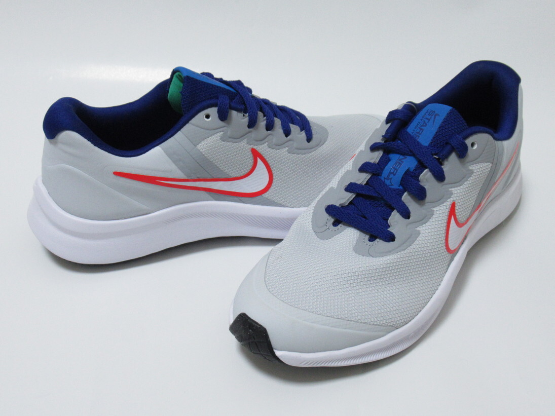 NIKE STAR RUNNER 3 GS 白 青 赤 23cm ナイキ スターランナー キッズ 運動靴 ベルクロ ピュアプラチナム DA2776-013拍卖