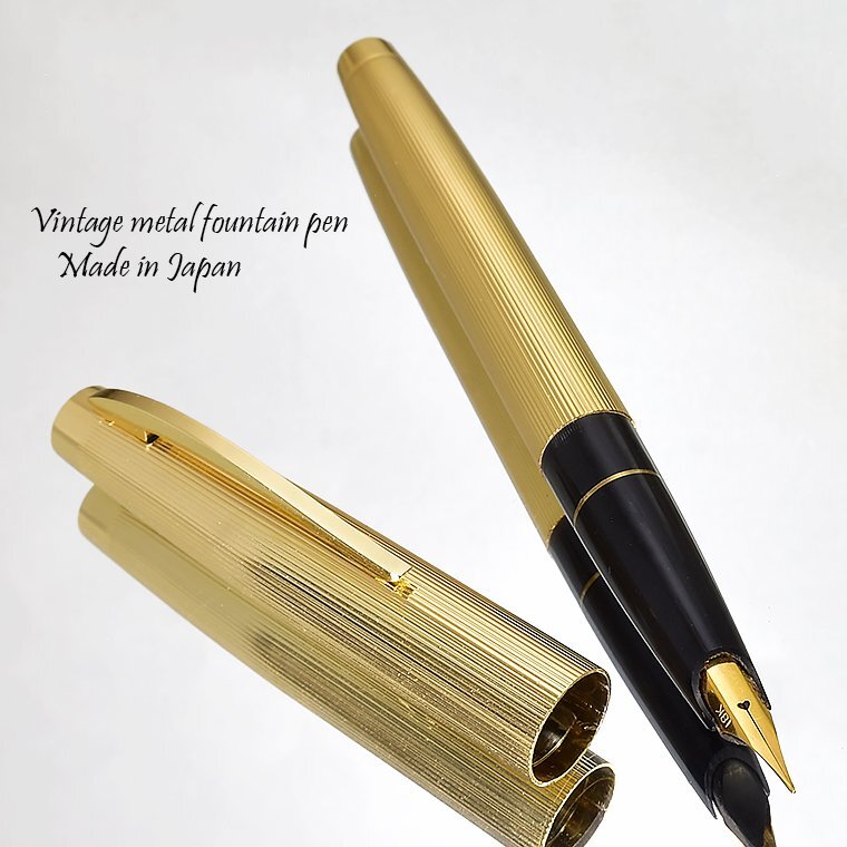 ■●ビンテージ 万年筆 職人が再生 ゴールド 金属製 ストライプ 爪型 18KGPペン先 EF 極細 中押し式 金色 レトロ 希少 調整済 1円~/K415b拍卖